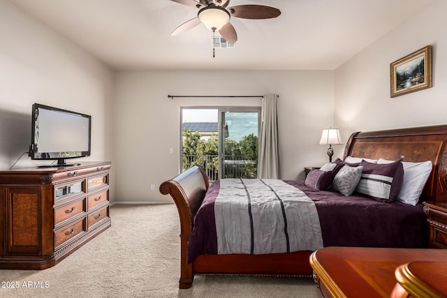 bedroom featuring light colored carpet, visible vents, a ceiling fan, access to outside, and baseboards