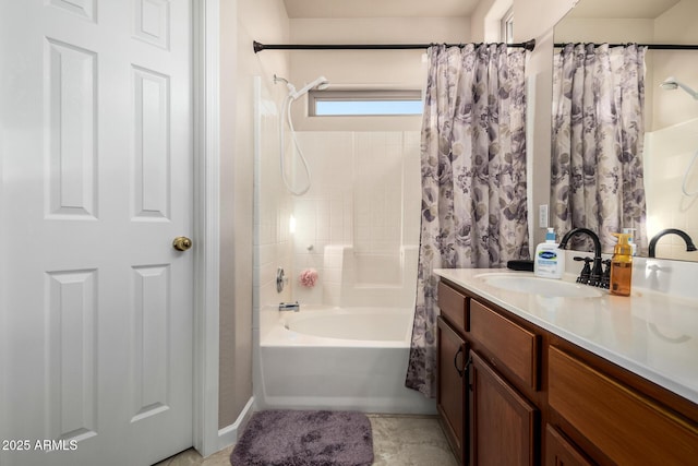 bathroom with shower / bath combo with shower curtain and vanity