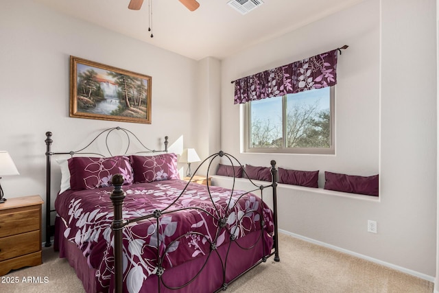 bedroom with light carpet, a ceiling fan, visible vents, and baseboards