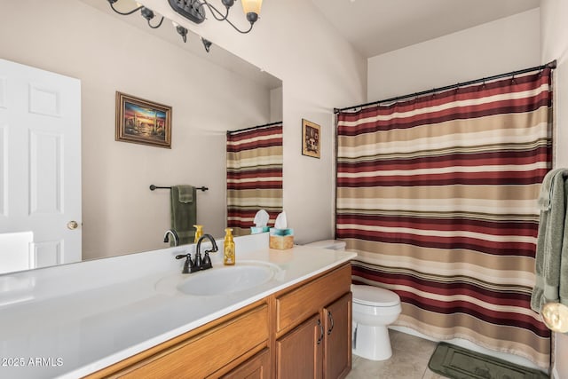 full bathroom with vanity, curtained shower, tile patterned flooring, and toilet