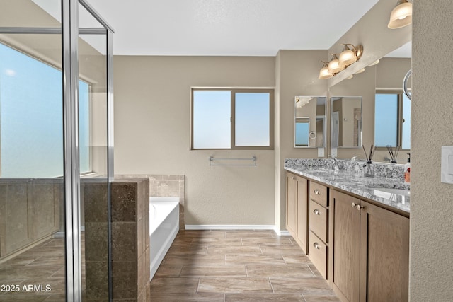 bathroom featuring vanity and independent shower and bath