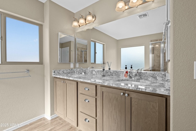 bathroom with vanity, hardwood / wood-style flooring, a wealth of natural light, and a shower with shower door