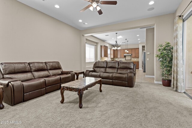 211 W New Dawn Dr, Chandler, AZ 85248 - living area with light colored carpet, ceiling fan, recessed lighting, and baseboards