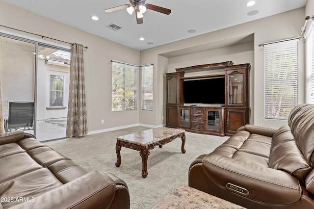 211 W New Dawn Dr, Chandler, AZ 85248 - carpeted living area with ceiling fan, recessed lighting, and baseboards