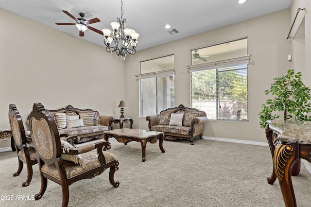 211 W New Dawn Dr, Chandler, AZ 85248 - living room with light colored carpet, baseboards, a chandelier, recessed lighting, and a ceiling fan