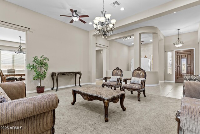 211 W New Dawn Dr, Chandler, AZ 85248 - living area featuring light carpet, a chandelier, healthy amount of natural light, a ceiling fan, and recessed lighting