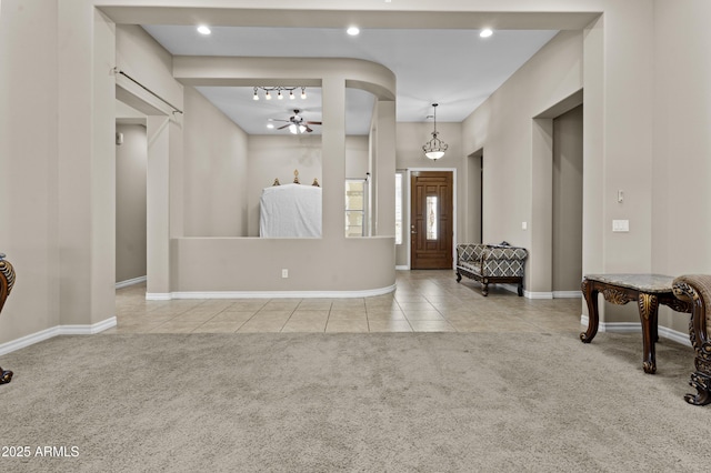 211 W New Dawn Dr, Chandler, AZ 85248 - carpeted entrance foyer featuring tile patterned floors, ceiling fan, baseboards, and recessed lighting