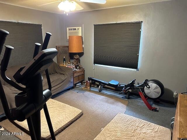 exercise area featuring a wall unit AC, ceiling fan, and carpet