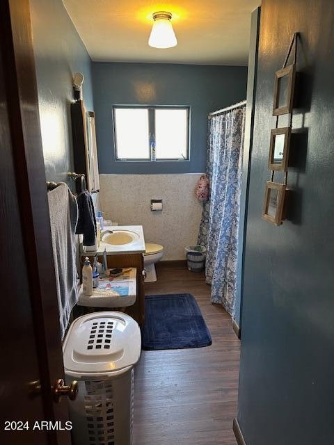 bathroom featuring vanity, toilet, wood-type flooring, and walk in shower