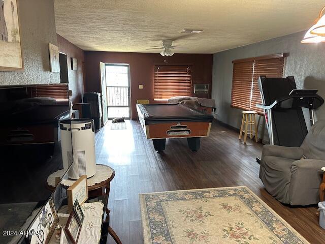 rec room with dark wood-type flooring, ceiling fan, and pool table