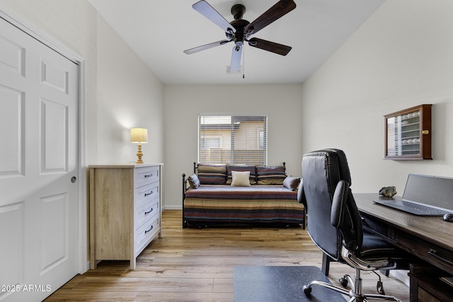 office featuring ceiling fan and light wood-style flooring