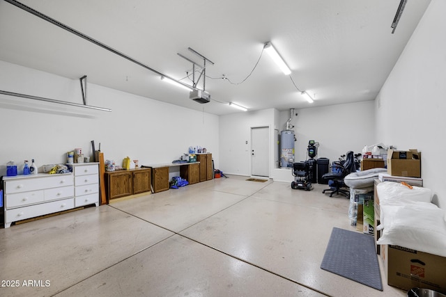 garage featuring a garage door opener and gas water heater