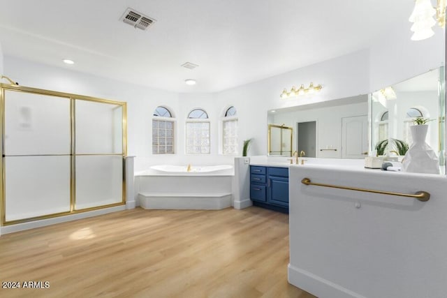 bathroom with vanity, wood-type flooring, and shower with separate bathtub