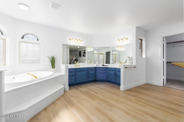 bathroom with a bathing tub, hardwood / wood-style floors, and vanity