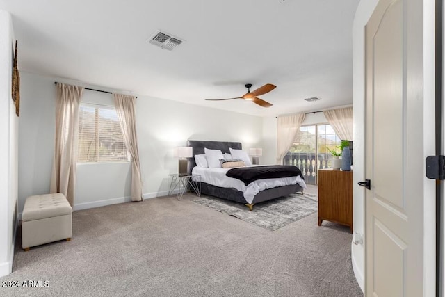 bedroom featuring carpet flooring, access to exterior, and ceiling fan