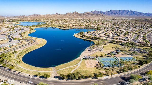 bird's eye view featuring a water and mountain view