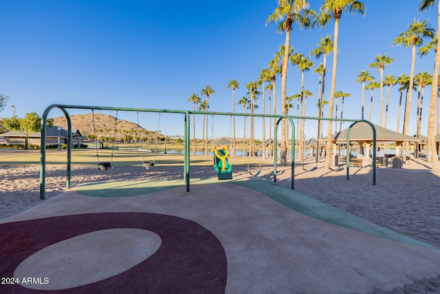 view of play area featuring a mountain view