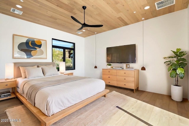 10249 E Joy Ranch Rd, Scottsdale, AZ 85262 - bedroom featuring recessed lighting, wood ceiling, wood finished floors, and ceiling fan