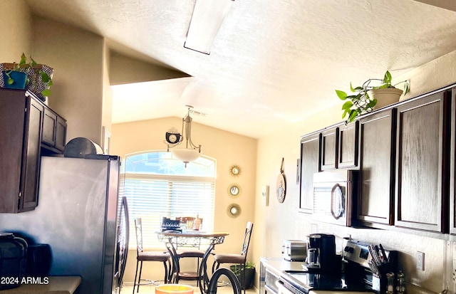 kitchen with dark brown cabinets, appliances with stainless steel finishes, and vaulted ceiling