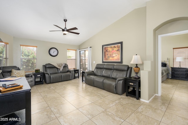 8331 E Plata Ave, Mesa, AZ 85212 - living area with light tile patterned flooring, a ceiling fan, and vaulted ceiling