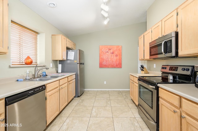 8331 E Plata Ave, Mesa, AZ 85212 - kitchen featuring a sink, stainless steel appliances, light countertops, light brown cabinetry, and rail lighting