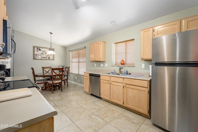 8331 E Plata Ave, Mesa, AZ 85212 - kitchen featuring a sink, stainless steel appliances, light brown cabinetry, light countertops, and lofted ceiling