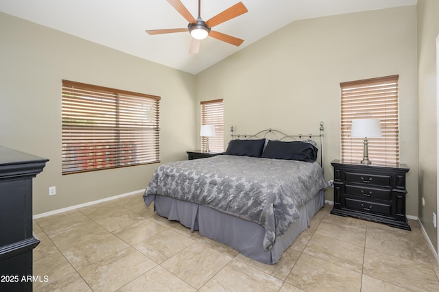 8331 E Plata Ave, Mesa, AZ 85212 - bedroom with baseboards, light tile patterned floors, ceiling fan, and vaulted ceiling