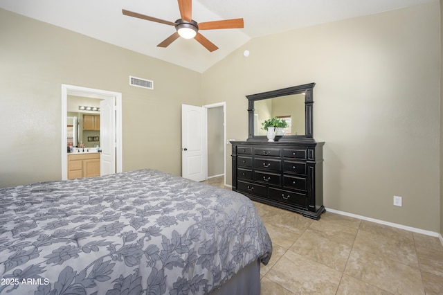 8331 E Plata Ave, Mesa, AZ 85212 - bedroom with light tile patterned floors, baseboards, visible vents, a ceiling fan, and high vaulted ceiling