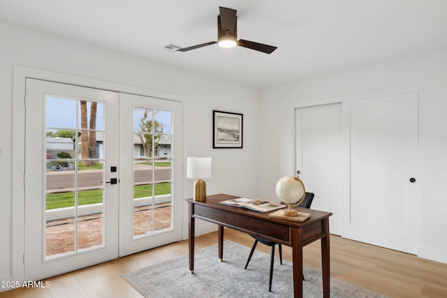 8403 E Fairmount Ave, Scottsdale, AZ 85251 - office with french doors, light wood-type flooring, and ceiling fan