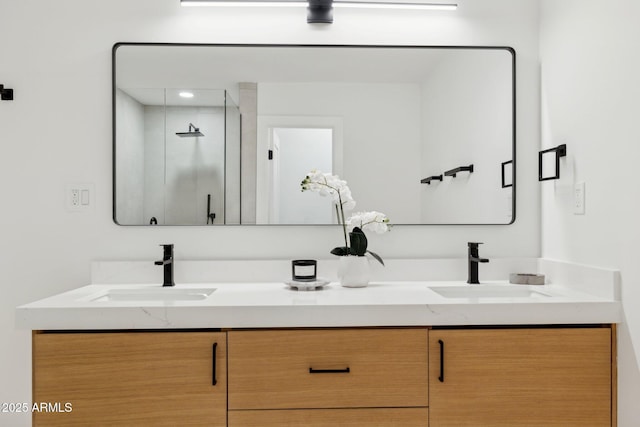 8403 E Fairmount Ave, Scottsdale, AZ 85251 - full bathroom featuring double vanity and a stall shower