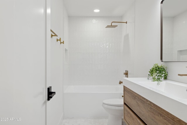 8403 E Fairmount Ave, Scottsdale, AZ 85251 - bathroom with vanity, toilet, shower / bathtub combination, and recessed lighting
