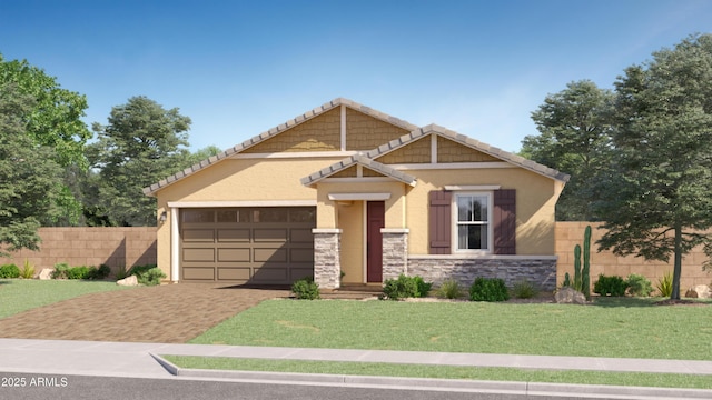 craftsman-style house with fence, stone siding, decorative driveway, stucco siding, and a front yard