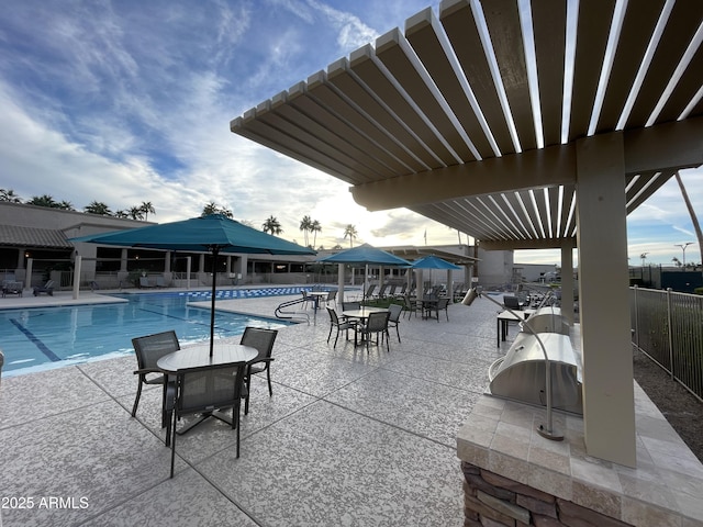 view of pool featuring a patio area and an outdoor kitchen