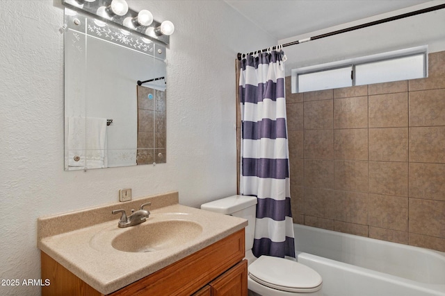 4333 E Desert Cactus St, Phoenix, AZ 85032 - full bath with a textured wall, toilet, shower / bath combination with curtain, and vanity