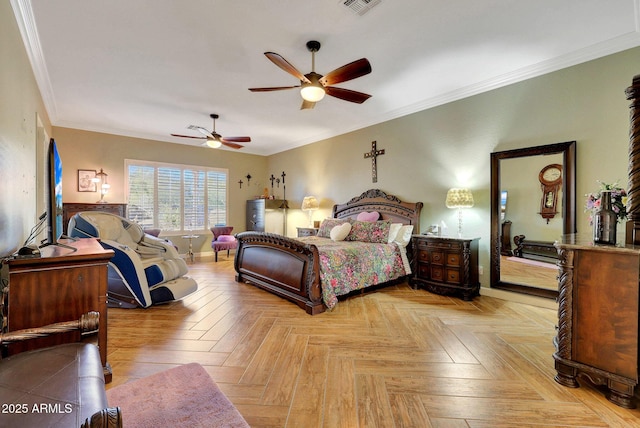 bedroom featuring ceiling fan, light parquet floors, and crown molding