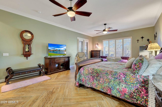 bedroom with crown molding, light parquet floors, and ceiling fan