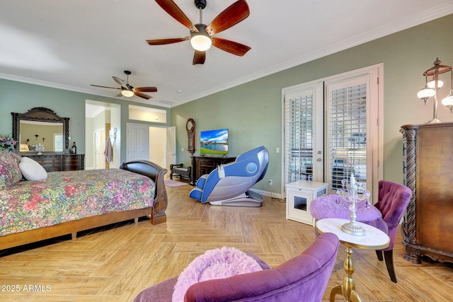 bedroom with light parquet floors, access to exterior, ceiling fan, and ornamental molding