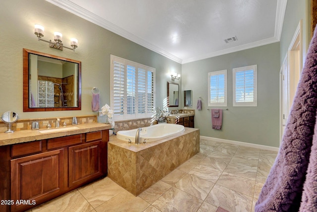 bathroom featuring vanity, crown molding, and plus walk in shower