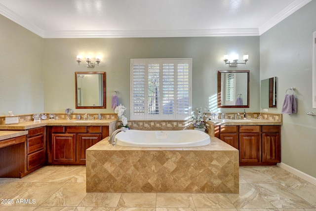 bathroom featuring tiled bath, vanity, and ornamental molding