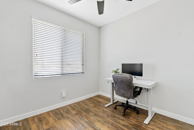 office area featuring ceiling fan, baseboards, and wood finished floors