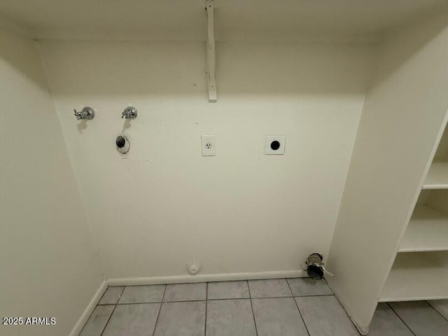 clothes washing area featuring hookup for a gas dryer, electric dryer hookup, hookup for a washing machine, and light tile patterned floors