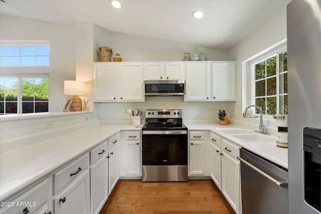 10239 E Salt Bush Dr, Scottsdale, AZ 85255 - kitchen featuring a sink, appliances with stainless steel finishes, vaulted ceiling, and white cabinetry