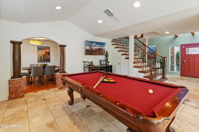 recreation room featuring tile patterned floors, ornate columns, lofted ceiling, and pool table