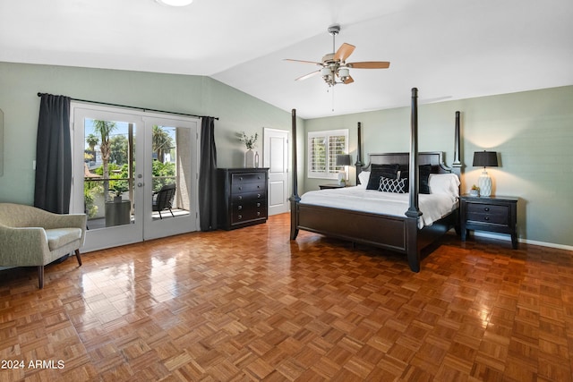 bedroom featuring french doors, access to outside, multiple windows, and ceiling fan