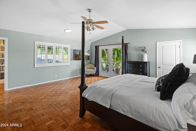 bedroom with access to exterior, ceiling fan, french doors, parquet flooring, and vaulted ceiling