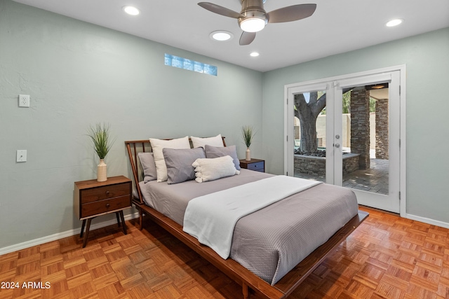 bedroom with ceiling fan, access to exterior, parquet floors, and french doors