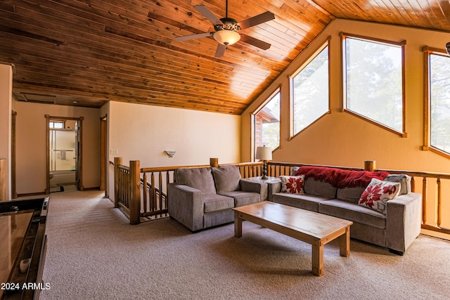 carpeted living room featuring lofted ceiling, ceiling fan, and wooden ceiling