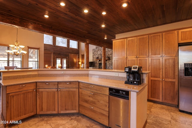 kitchen featuring light stone countertops, stainless steel refrigerator with ice dispenser, wood ceiling, an inviting chandelier, and hanging light fixtures