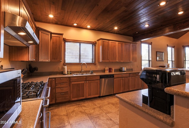 kitchen featuring sink, wooden ceiling, stainless steel appliances, light tile patterned floors, and exhaust hood