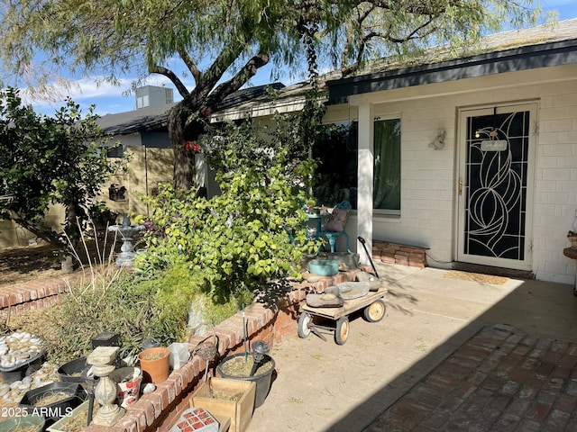 doorway to property with a patio area and concrete block siding